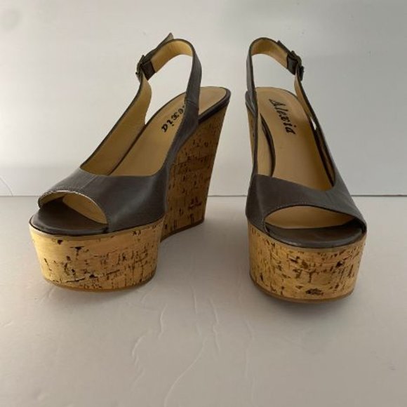 Alexia Leather Slingback On Cork Covered Wedge Heel Gray 38 Made in Italy - Picture 6 of 7